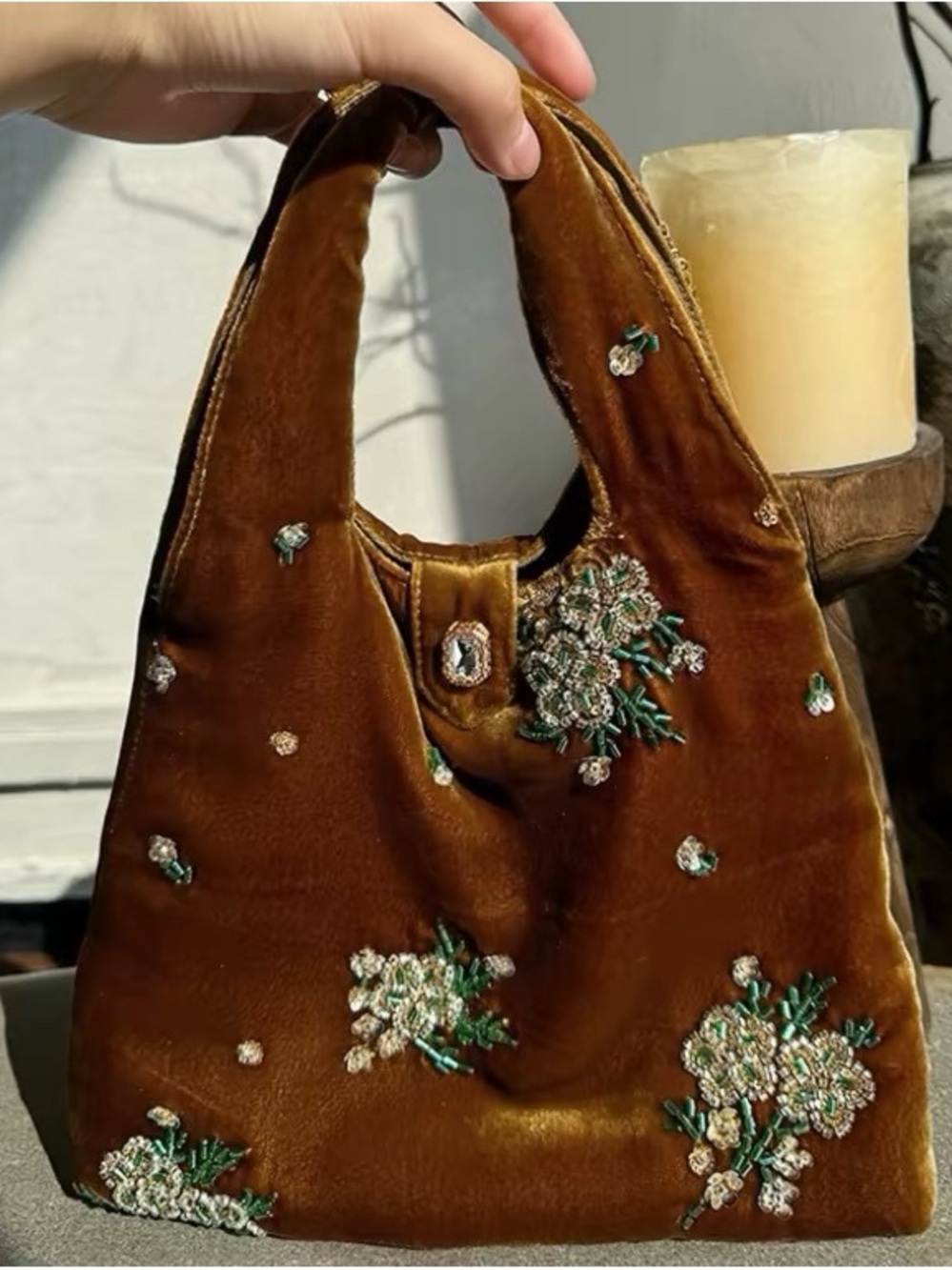 Embroidered Velvet Tote Bag in Brown